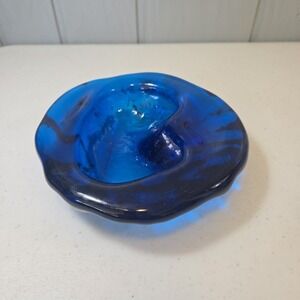 Blenko Cobalt Blue Free Form Abstract Art Glass Ashtray Heavy Quality